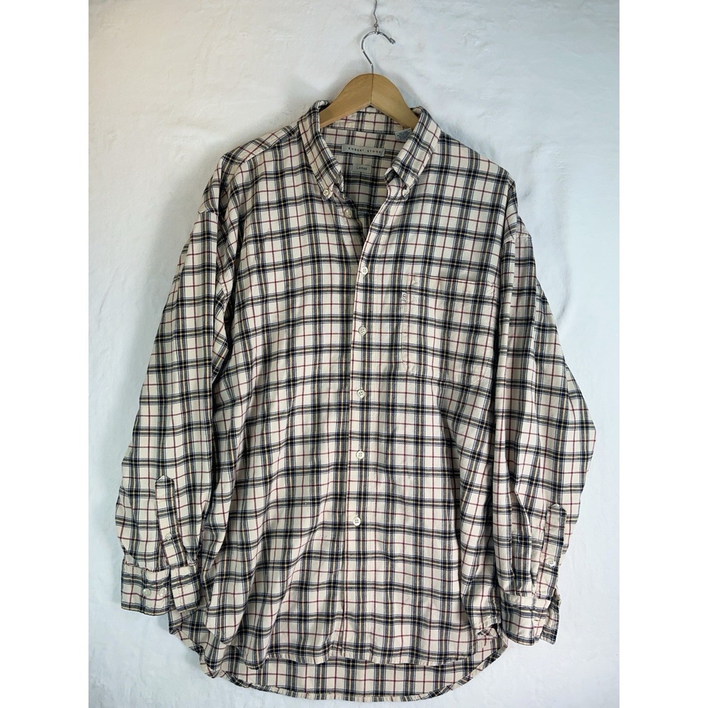Robert Stock Mens Large Button Down Long Sleeve Plaid Blue Camisa Cotton